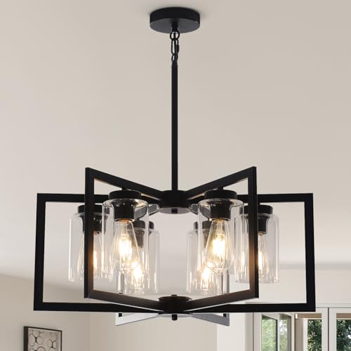 6 Light Black Chandelier, 24" Farmhouse Chandeliers for Dining Room,