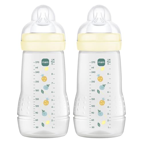 MAM Pack 2 Biberones, 2-4 Meses, 270ml, con Tetina 2 de Flujo Medio de Silicona de Fácil Aceptación, Fácil de Sostener, Fácil de Limpiar, MAM Easy Active, Neutro Brillante, Pack de 2uds
