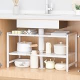 【幅40-70cm伸縮・高さ7段調整】シンク下ラック TKUIN キッチン収納 シンク下フリーラック 奥行35cm 高さ40cm 大容量 2段シンク下収納 洗面台下 収納ラック キッチンラック 台所 整理収納 スチール製丈夫 プレート 流し台下ラ 鍋 食器棚 (ホワイト-2段伸縮)