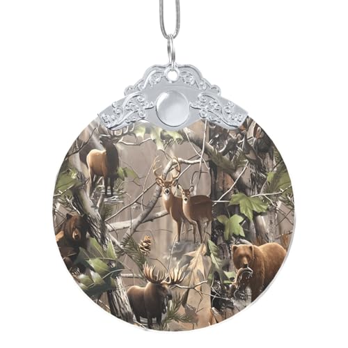 Colgante redondo de cristal plateado – Caza de vida silvestre, ciervo, oso, alce, árbol de Navidad, adorno colgante para el hogar, la oficina y el jardín – perfecto para vacaciones