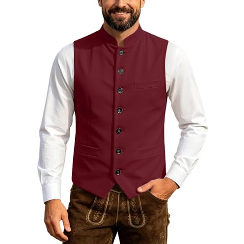 Image of Generisch 2026 Men's Beer Festival Style Vest Stand Collar Sleeveless Layer Jacket for Casual Crafts Casual Wear, Wine Red, M