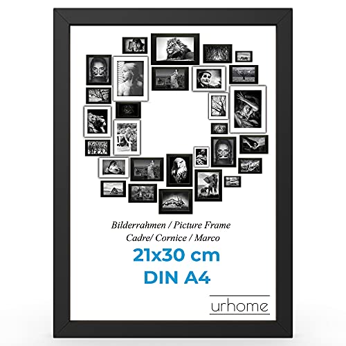 Urhome Bilderrahmen DIN A4 21 x 30 cm aus Abachi Holz Schwarz mit Standfuß und Kunststoffscheibe - Ayous Fotorahmen für Bilder Kunstdrucke Fotos Gemälde Rahmen zum Aufstellen Cover