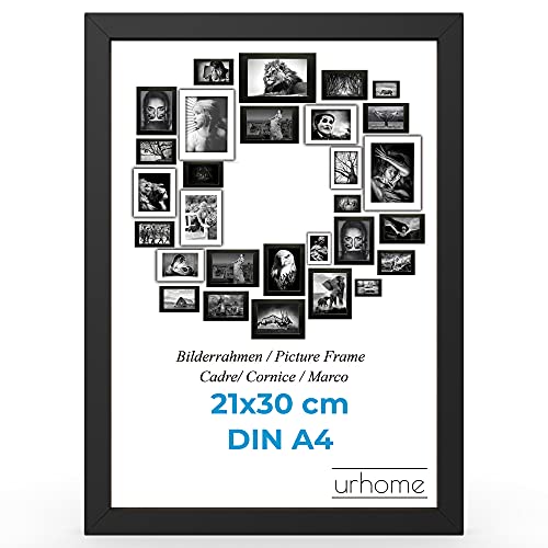 Urhome Bilderrahmen DIN A4 21 x 30 cm aus Abachi Holz Schwarz mit Standfuß und Kunststoffscheibe - Ayous Fotorahmen für Bilder Kunstdrucke Fotos Gemälde Rahmen zum Aufstellen