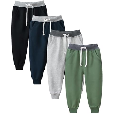 GFQLONG 4 Pack Toddler Boys Joggers Pants Kids Athletic Cotton Sweatpants with Pocket Drawstring, Black+Grey+Navy Blue+Green 4-5T Cover