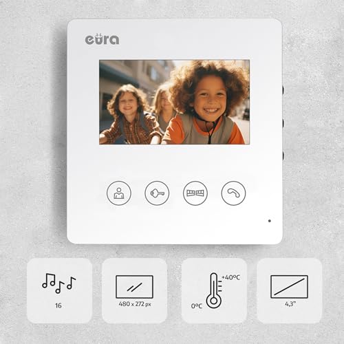 EURA VDP-52A3 ATIRA Video-Türsprechanlage Gegensprechanlage 4 Draht, 4,3-Zoll-Farbmonitor, 2 Eingänge, Wiess