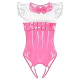LittleForBig Sexy Niedlicher Latex Look Peekaboo Bodysuit   Crotchless, Rückenfrei, Ärmellos, High Cut, Glänzender Catsuit Anzug Onesie Schlafanzug Rosa XXXXL