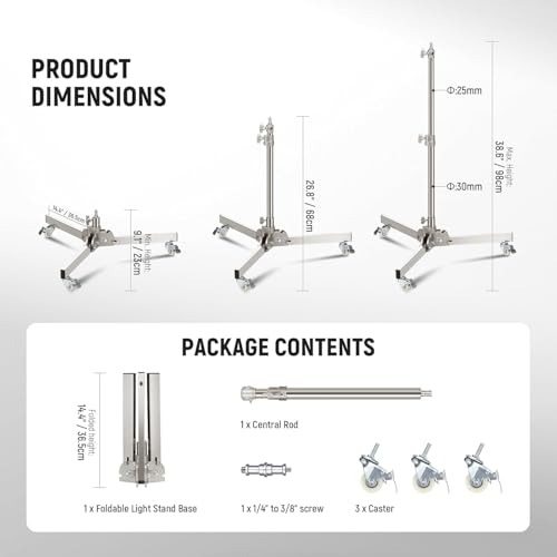 Image of NEEWER Heavy Duty Light Stand with Casters, Max Height 3.2ft /98cm, Stainless Steel Foldable Adjustable Tripod, Photography Light Stand for Speedlight Softbox Monolight, Max Load 22lb