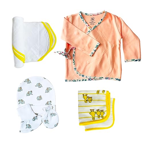 Image of TinyLane - Curated for you! All in One Bamboo : Cotton Newborn Baby Gift Set, Pack of 9 Pieces, Unisex Baby Essentials Gift Set, Multi Color, Skin Friendly, Breathable (Peach)