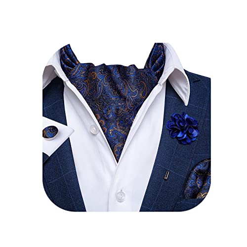 Image of DiBanGu Mens Silk Ascot Ties Paisley Jacquard Woven Cravat and Pocket Square Cufflinks with Lapel Pin for Business Wedding