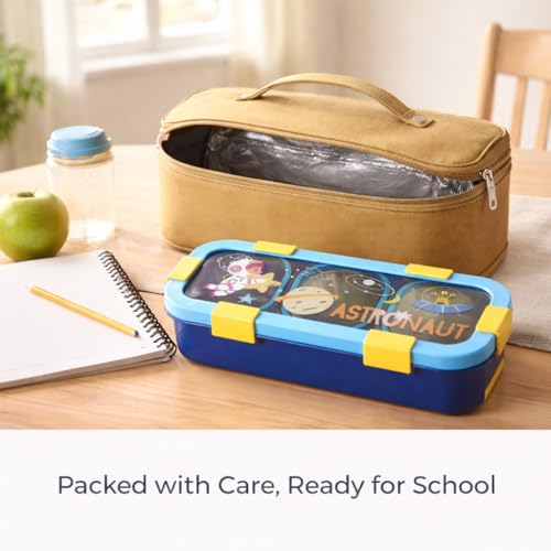 Image of Motka Kids Lunch Box 2 Compartment Combo with Insulated Bag | 700ml Stainless Steel Bento Box for Kids, Leakproof Silicone Seal, Built-in Cutlery, School Travel Food Container - Blue