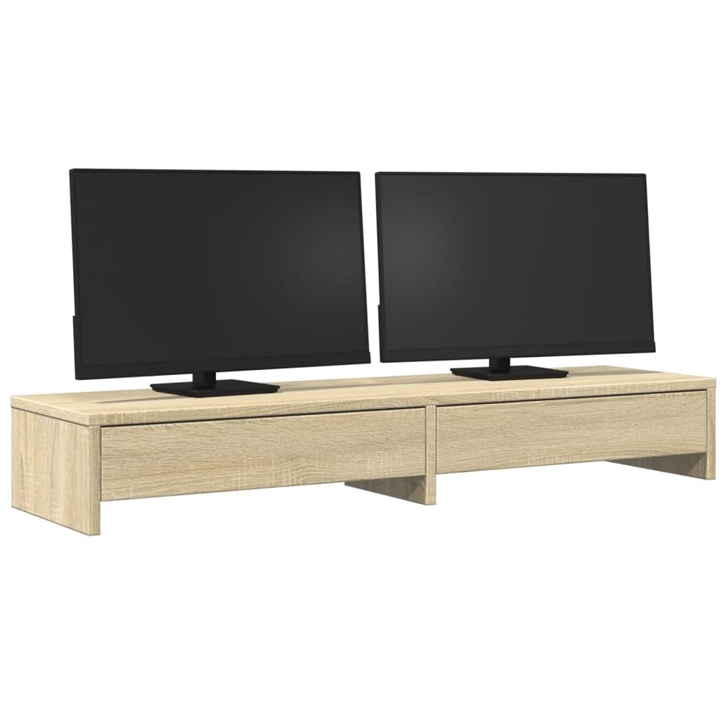 Soporte para monitor doble de madera con 2 cajones, 100 x 27 x 15 cm, resistente a la humedad y fácil de limpiar