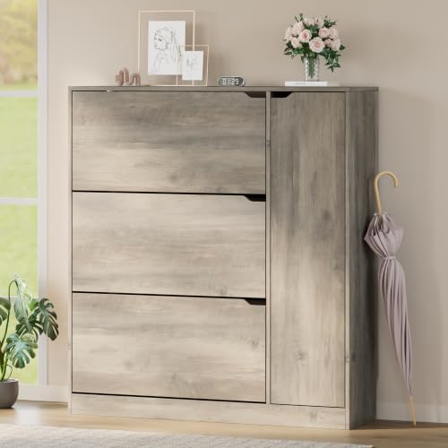 Image of BORNOON Shoe Cabinet with Side Storage, Shoe Organizer with 3 Flip Drawers
