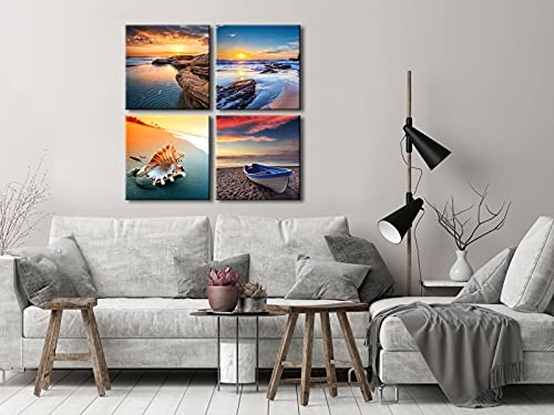 Image of Pyradecor Sunset Sea Beach Modern Seascape Pictures Paintings on Canvas Wall Art 4 Panels Stretched Canvas Prints Artwork for Living Room Bedroom Home Office Decorations