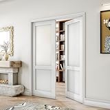 SOLRIG 60' x 80' French Interior Door, 1/2 Lite Frosted Glass Panel for Closet & Laundry, Double Pre-Finished Slab Doors, MDF, White Primed (Hinges Not Included)