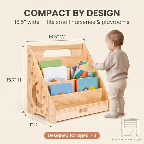 Image of Montessori Bookshelf for Kids 16.5 inch Wide, Natural Wood Front Facing Bookcase, Toddler Book Organizer for Nursery and Playroom, Children's Reading Display Shelf Ages 1-3