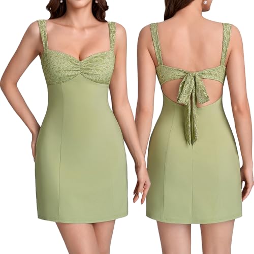 EYNMIN Women's Summer Lace Strap Mini Dress Sweetheart Neckline Bow