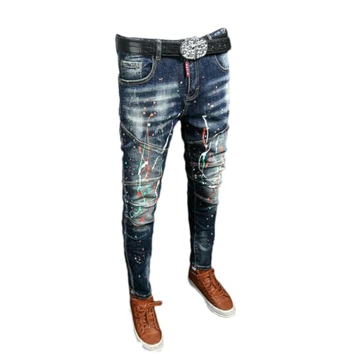Street Men Jeans Retro Washed Blue Stretch Slim Fit Spliced Ripped Jeans Mens Painted Vintage Denim Pants