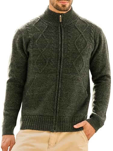 Les umes Mens Knitted Full Zipper Cardigan Fleece Lined Sweater Warm Stand Collar Jumper Coat with Pockets Green 2XL
