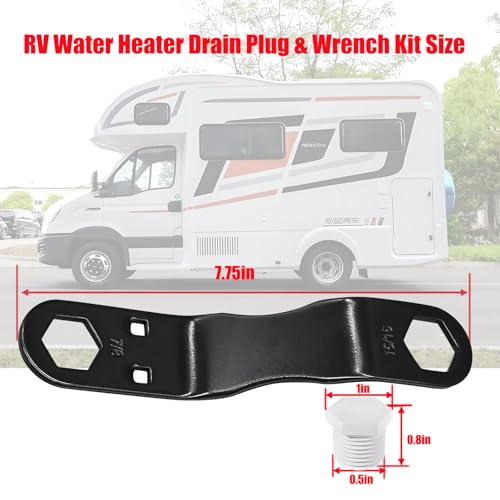 Image of RV Water Heater Drain Plug and Wrench Kit, for RV & Camper Water Heater Drain Plugs,Fits for 7 /8 inch &15 /16 inch Drain Plugs Include 1Pcs Angled Wrench 4Pcs 1 /2 inch NPT Replacement Plugs and 1 Roll PTFE Tape