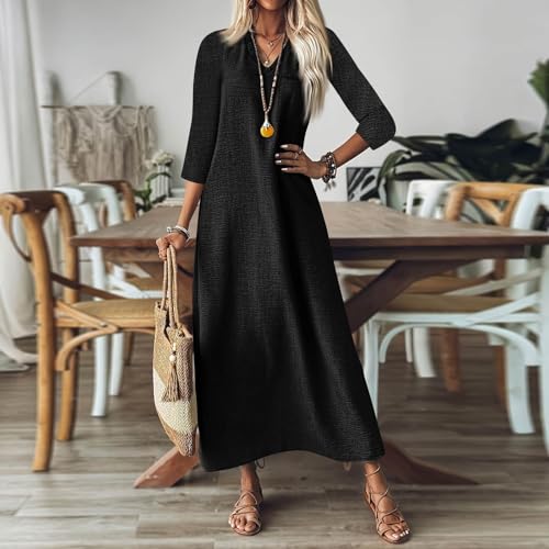 Plus Size Linen Dress for Women V Neck Boho Maxi 3/4 Sleeve Dresses Solid Long Sundress Vacation Outfits4