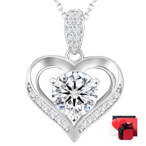 KRKC Moissanite Heart Necklace for Women, 1-3 Carat Dainty Lab Created Diamond Pendant, 14K/White Golden Plated S925 Sterling Silver Adjustable Chains, Birthday New Beginnings Romantic Her Gifts