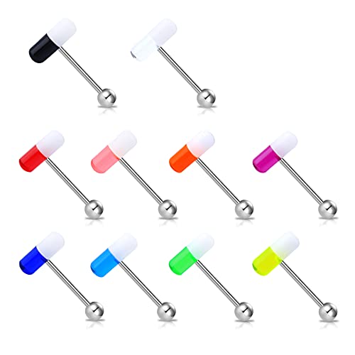 Melighting 14g Piercings de Langue Pilule Anneaux Langue en Acier Chirurgical 316L Tongue Piercing Bars 10PCS Bijoux de Tongue Piercings