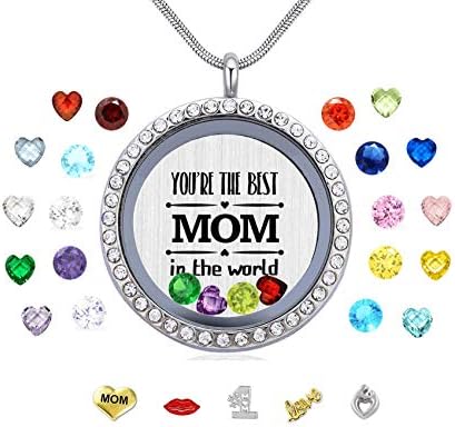 Veeshy Gift for Mother Mom, You Are the Best Mom in the World Living Memory Round Floating Locket Snake Chain Necklace Pendant for Women