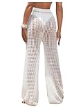 COZYEASE Women's Beach Cover Up Pants Hollow Out Drawstring Elastic High Waist Bathing Suit Cover Up Beach Pants Pure White Small