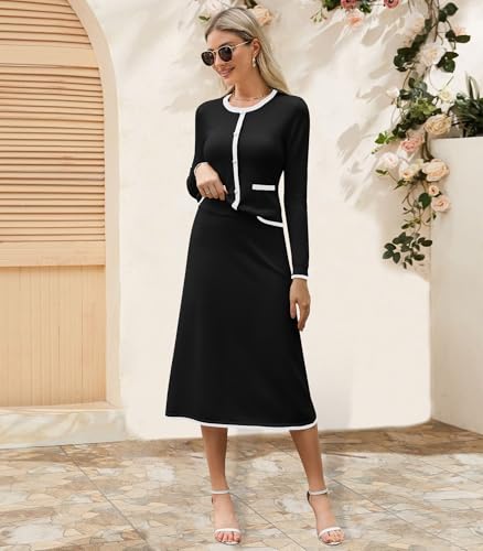 Women's Two Piece Skirt Sets Dressy Casual Knit Long Sleeve Button Crewneck Tops and Midi Dresses Matching Set Fall Outfits Black3
