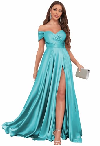 Image of SOLODISH Off The Shoulder Satin Prom Dresses for Women Long Formal Evening Party Dress with Slit