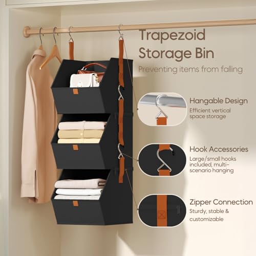 Image of Homsorout Collapsible Hanging Closet Organizer - 6 Tier Closet Shelves Storage System with Hooks, Fabric Hanging Storage Bins for Clothes, Foldable Storage Basket for Laundry, Bedroom, Rv, Black