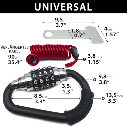 KRASER KR723B Helmschloss Motorrad, Vorhängeschloss, Karabinerhaken Kit Sicherheitscode, T-Loop Helmadapter, Flexibles Stahlkabel, Motorradhelm Schloss, Fahrradkarabinerverschluss, Gepäckschließfach