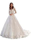 Yuxin Illusion lace Ball Gown Wedding Dresses Long Sleeve for Bride 2024 Ivory Wedding Gowns for Women Sweep Train Bridal Dresses us4