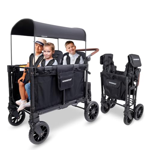 Image of WonderFold W4 Luxe Pro Stroller Wagon - Collapsible Stroller Wagon with Aluminum Frame - Adjustable Canopy & Push Handle - XL All-Terrain Wheels - For Babies, Toddlers & Kids - 4 Seater - Black