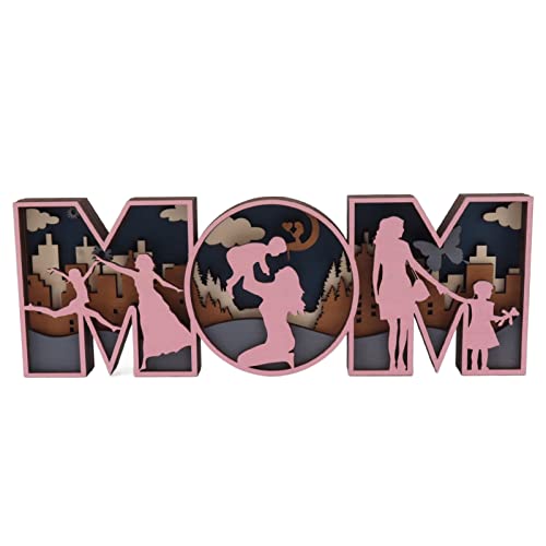 FLEXMAN Wooden MOM Letter Ornaments, Cute Shape Mom Letters Sign Decoration, Character Silhouettes Pattern Decor for Mothers Day, Holiday Decoration (Large)