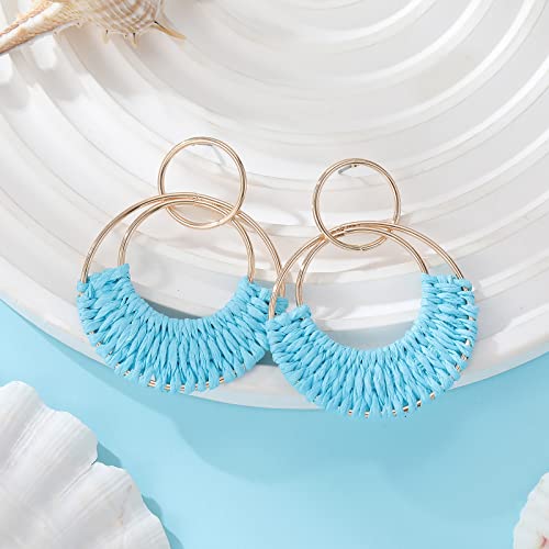 Rattan Weave Earrings Boho Summer Raffia Hoop Dangle Earrings For Women Girls Bohemian Raffia Braid Straw Wicker Round Drop Earrings Lightweight Beach Party Statement Earrings Jewelry Gifts (Blue) #TOP3