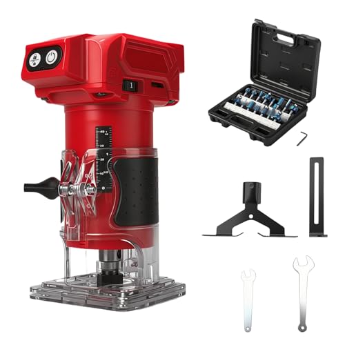Fresadora recargable compatible con batería Milwaukee de 18 V (sin batería), 800 W, recortadora de madera sin escobillas con 10000 – 30000 rpm, 5 velocidades, guía recta y 15 brocas, fresadora manual