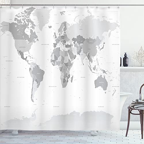 Ambesonne Grey Shower Curtain, Detailed World Map With All Countries Major Capital Cities Universe Earth Continents, Cloth Fabric Bathroom Decor Set With Hooks, 69" W X 70" L, Grey White #TOP8
