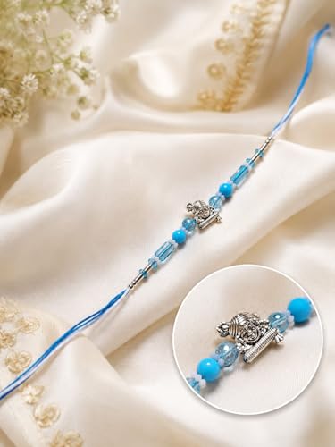 Image of Designer Shree Krishna Motif Rakhi for Brother with Roli Chawal Pack, Elegant Blue Beaded Rakshabandhan Thread, Traditional Rakhi Gift for Bhaiya