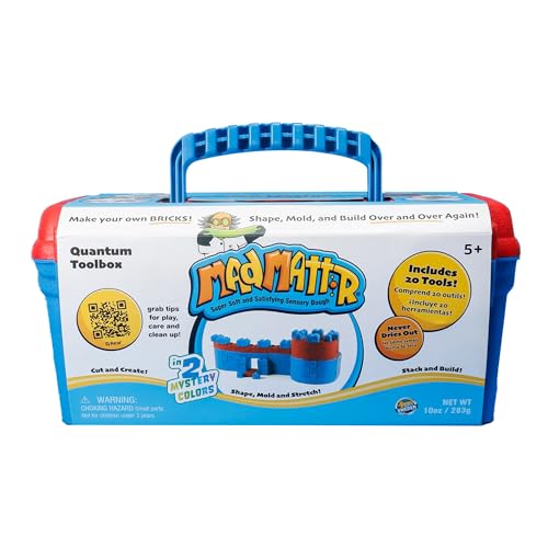 Relevant Play Mad Mattr Quantum Tool Box - 20 Construction Tools with Brick Maker, Never-Dry Sensory Dough for Kids Ages 5 and Up, Moldable Compound, No Mess, 10 oz