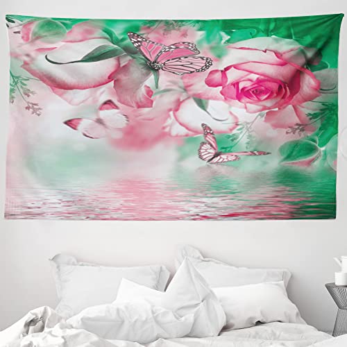 ABAKUHAUS Frühling Wandteppich & Tagesdecke, Rosenblätter Schmetterling, aus Weiches Mikrofaser Stoff Waschbar mit Klaren Farben, 230 x 140 cm, Jadegrün Hellrosa