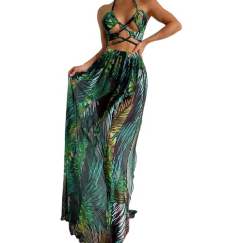 Bikini femmes set trois pièces vert maillot de bain avec jupe longue de plage été S