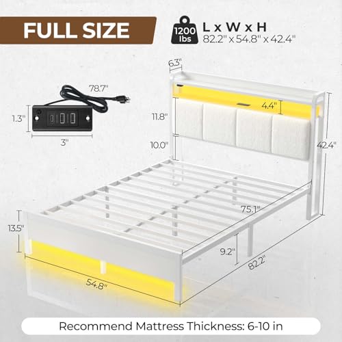Image of Rolanstar Bed Frame Full Size with Charging Station and LED Lights, Upholstered Headboard with Storage Shelves, Heavy Duty Metal Slats, No Box Spring Need, Noise Free, Easy Assembly, White
