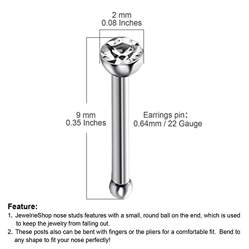 image for JEWELRIESHOP 40pcs Nose Studs Stainless Steel CZ Nose Rings Stud Pierc