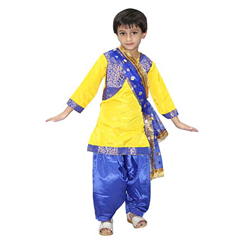 Image of Kaku Fancy Dresses Punjabi Folk Dance Costume For Kids /Salwar Suit With Dupatta For Girl Costume - Yellow & Blue, 10-12 Years