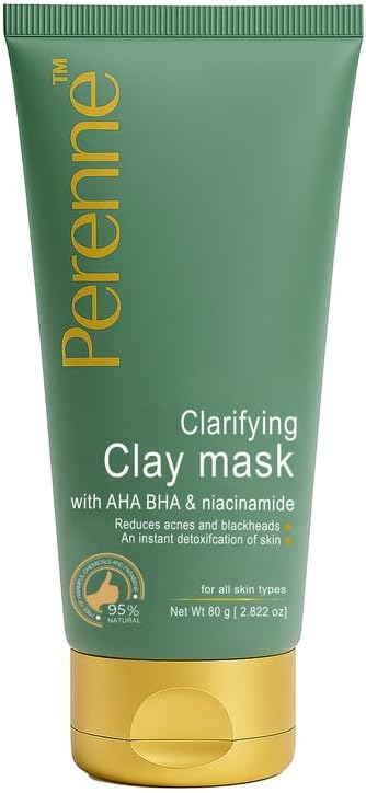 Perenne Clarifying Clay Mask with AHA, BHA and Niacinamide for All Skin Types (80 gm) - Antioxidants Rich Natural Clay Mask to Detoxify Skin Reduces Acnes, Fades away Scars for Men and Women