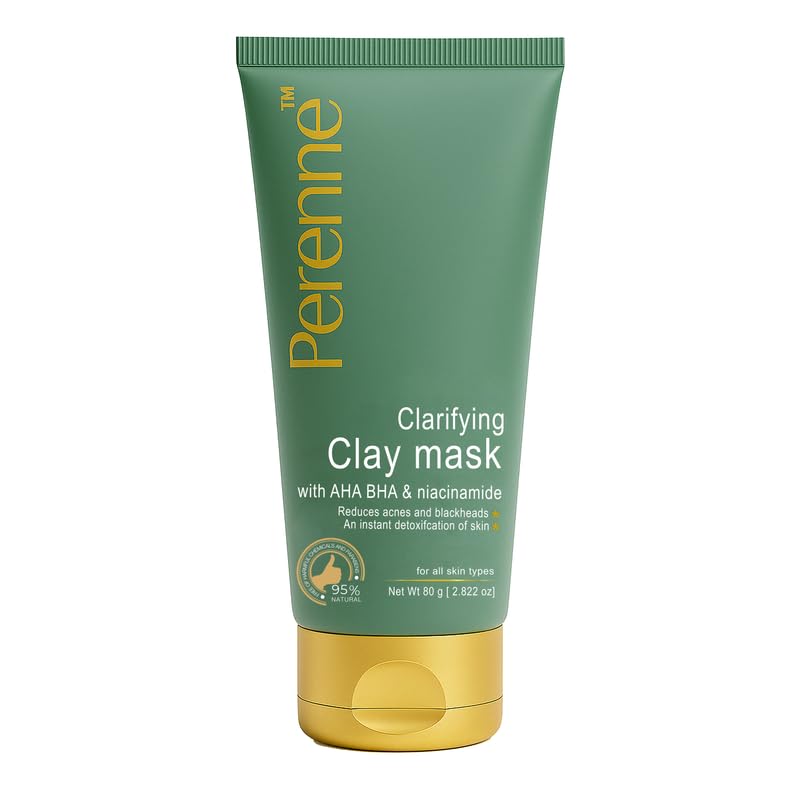 Perenne Clarifying Clay Mask with AHA, BHA and Niacinamide for All Skin Types (80 gm) - Antioxidants Rich Natural Clay Mask to Detoxify Skin Reduces Acnes, Fades away Scars for Men and Women