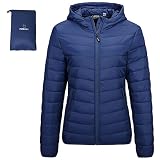 Outdoor Ventures Damen Steppjacke Leichte Packbare Übergangsjacke Warme Winterjacke mit Kapuze für Frauen Gefüttert Pufferjacke mit Taschen für Freizeit Wandern Reisen Navy Blau M