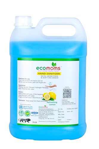 Image of Ecomoms Hand Sanitizer 5 litre - 99.99% Effective Against Germs - Alcohol | Skin Friendly and Safe for Kids | Instant Germ-Free Protection (5 litre, Pack of 1)
