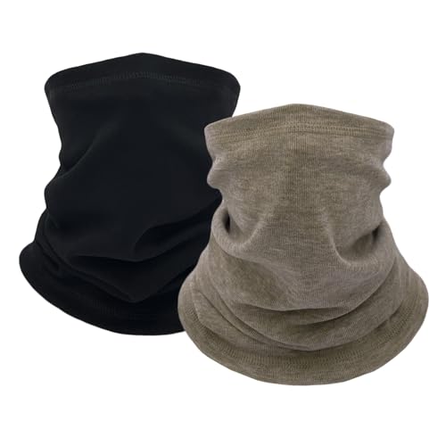 2 Pack Winter Neck Gaiter Warmer for Women Men Soft Fleece Neck Warmers Windproof Warm Face Cover Mask Scarf for Cold Weather Skiing Cycling(Black+Khaki)
